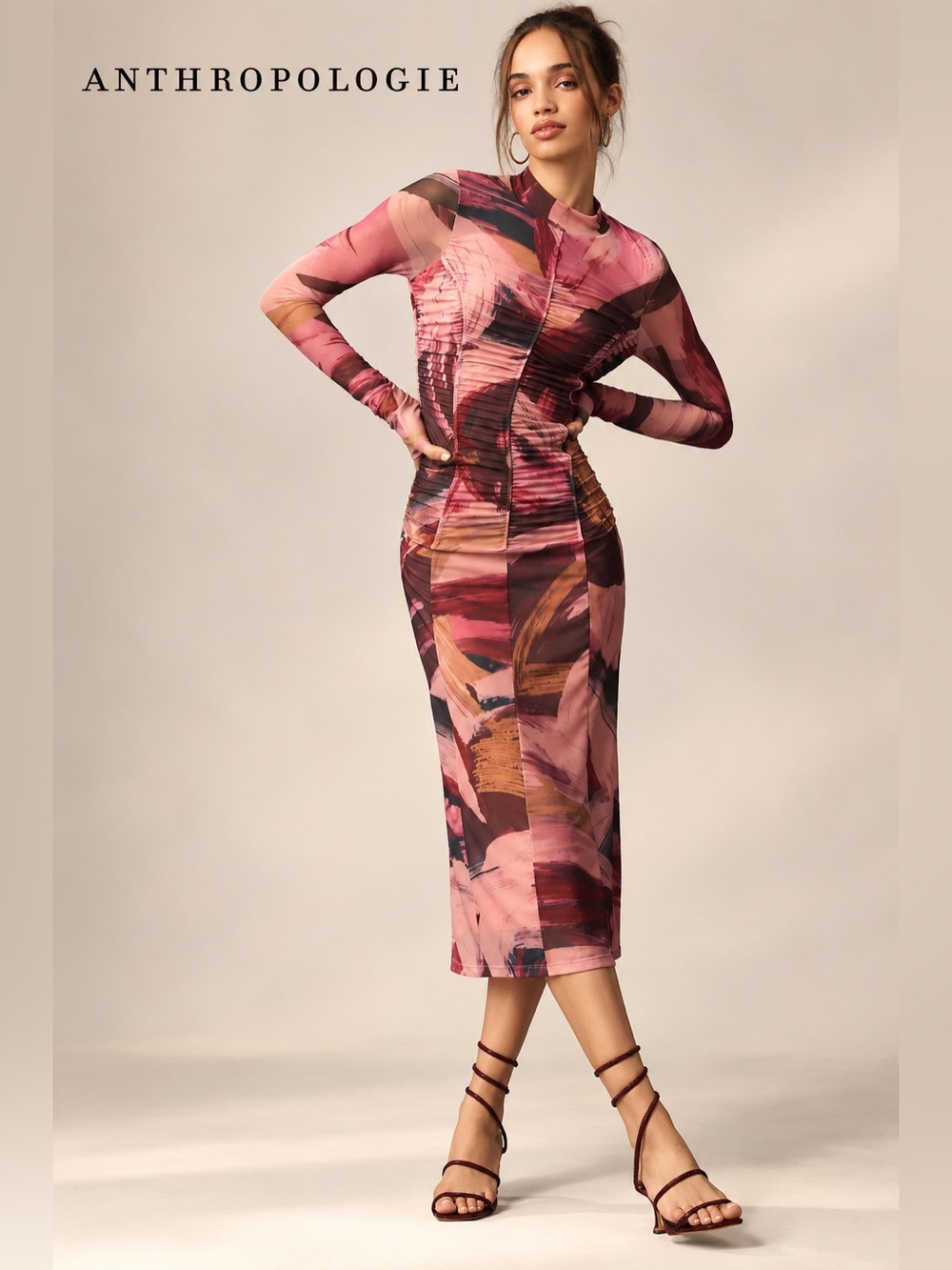 Anthropologie Long-Sleeve Printed Mesh Midi Dress Ruched Pink